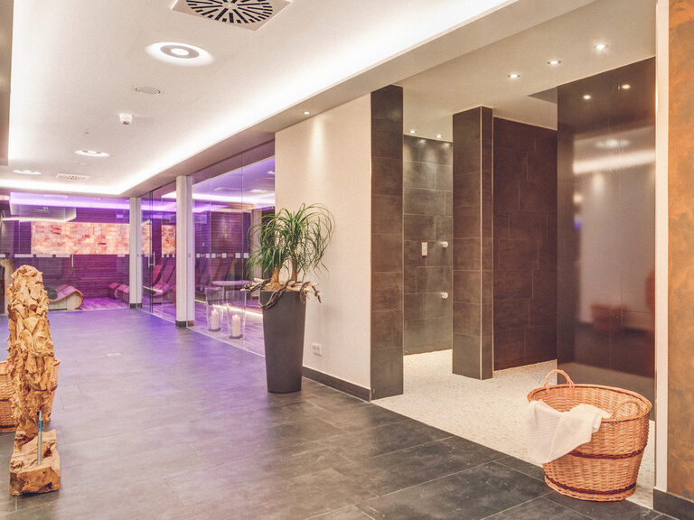 Saunawelt mit Sauna, Ruhebereich und Duschen für die Gäste im Hotel Eibl-Brunner.