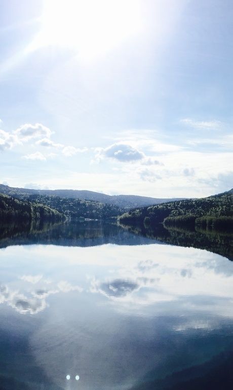 Blick über die Trinkwassertalsperre in Frauenau. Die Sonne spiegelt sich auf der Oberfläche - umgeben von grünen Wäldern.