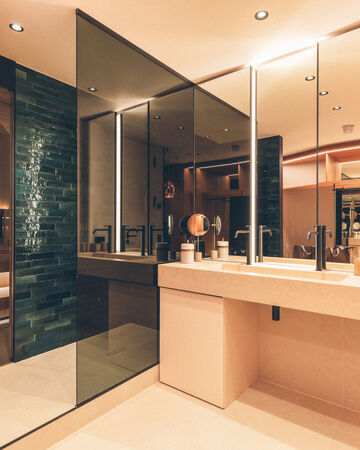 Blick auf Waschbecken und die offene-begehbare Dusche im Wald Spa Studio im Wellnesshote Eibl-Brunner.