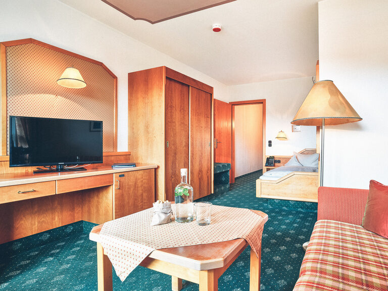 Gemütliches Einzelzimmer im Stammhaus des Hotel Eibl-Brunner, mit Couch und Fernseher.