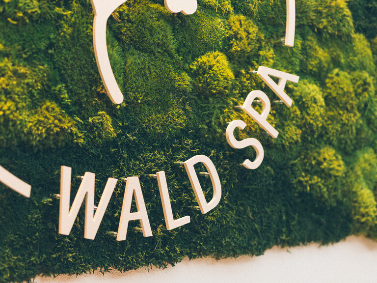 Die Nahaufnahme des Wald-Spa Logos zeigt das weisse Logo auf einem moosartigen Hintergrund.