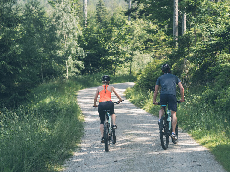 Zwei Radfahrer - zwei Gäste des Hotel Eibl-Brunner fahren durch den saftig grünen Wald in der Nähe des Hotels.