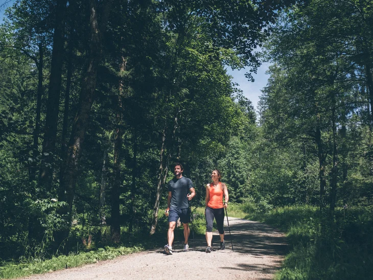 Paar wandert auf Waldweg bei sonnigem Wetter
