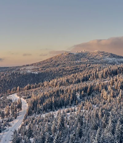 Verschneite Tannen und ein verschlungener Weg im winterlichen Gebirge bei Sonnenuntergang