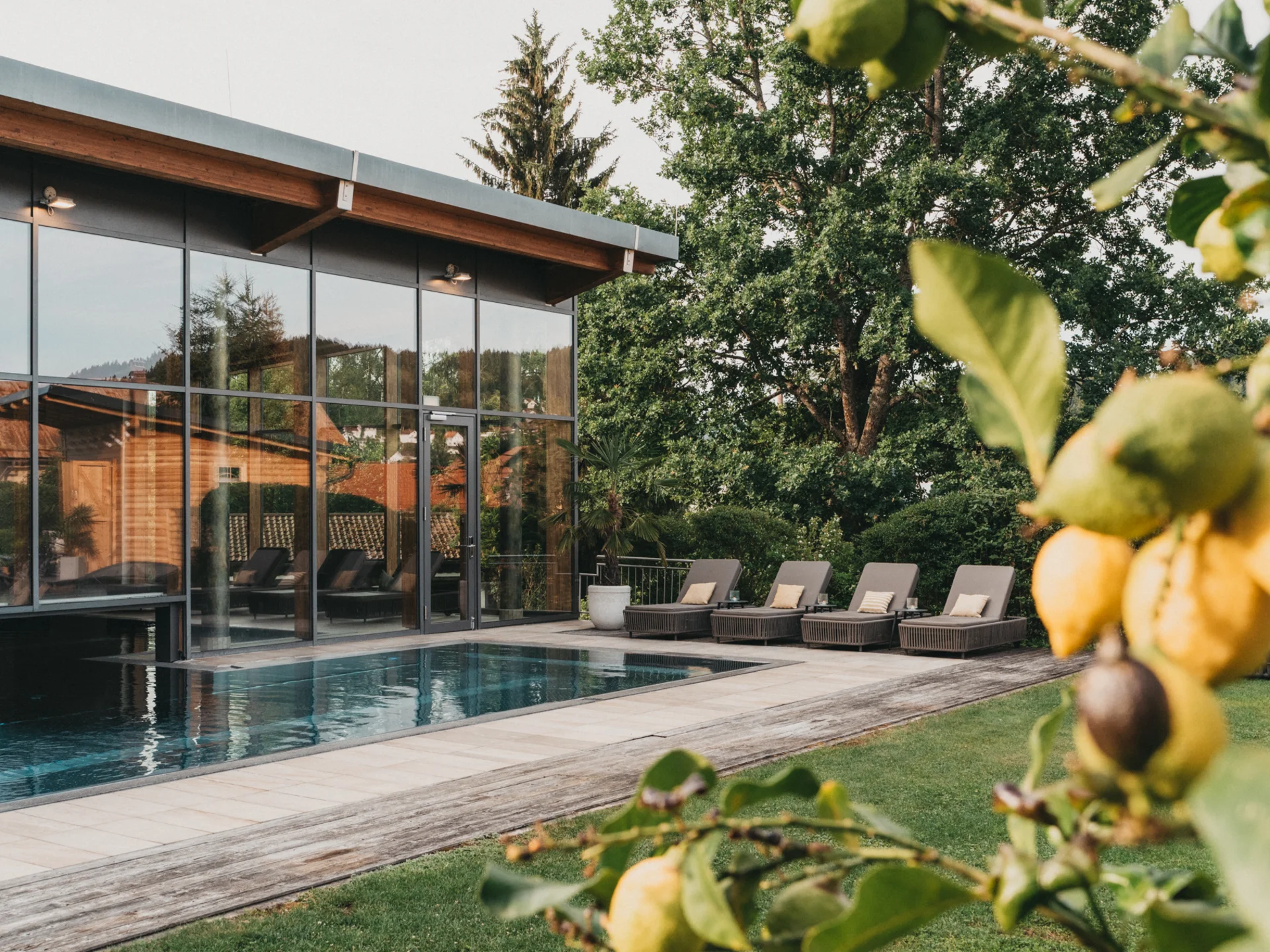Moderner Poolbereich mit Liegestühlen und Glasfassade in einem Garten