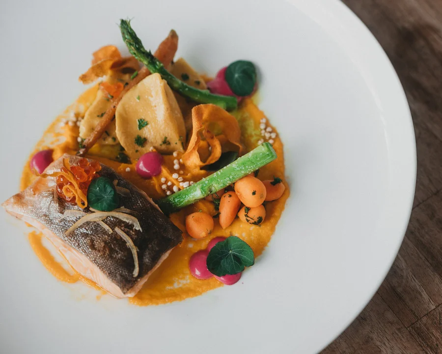 Gourmetgericht mit gebratenem Fisch, Spargel und Gemüse auf weißem Teller
